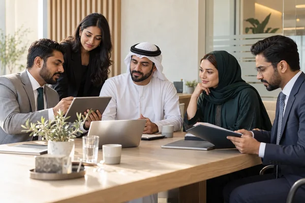 Illustrative operations team reviewing documents with business clients